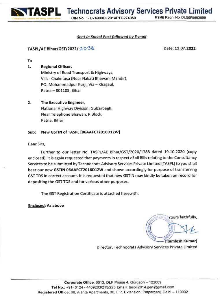 New GSTIN of TASPL AE Bihar | PDF