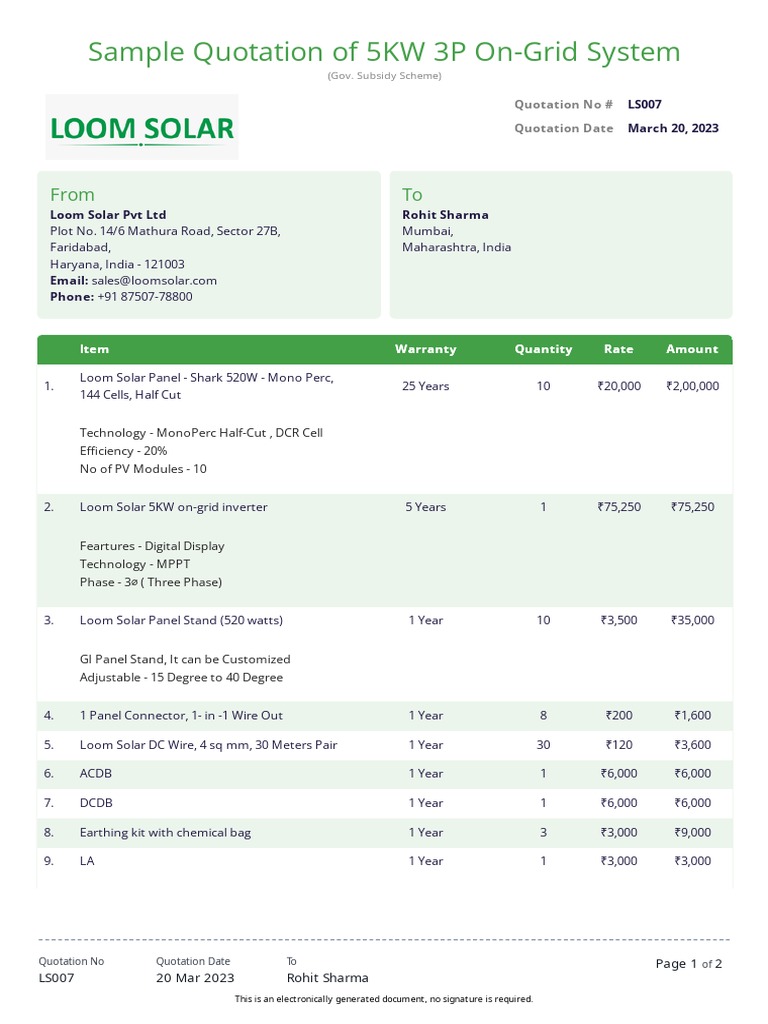 5KW Solar System Quotation with Subsidy | PDF | Solar Panel | Solar Power