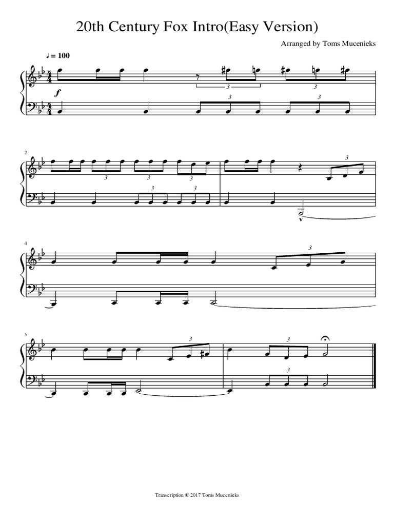 Easy Piano Arrangement: 20th Fox Intro | PDF