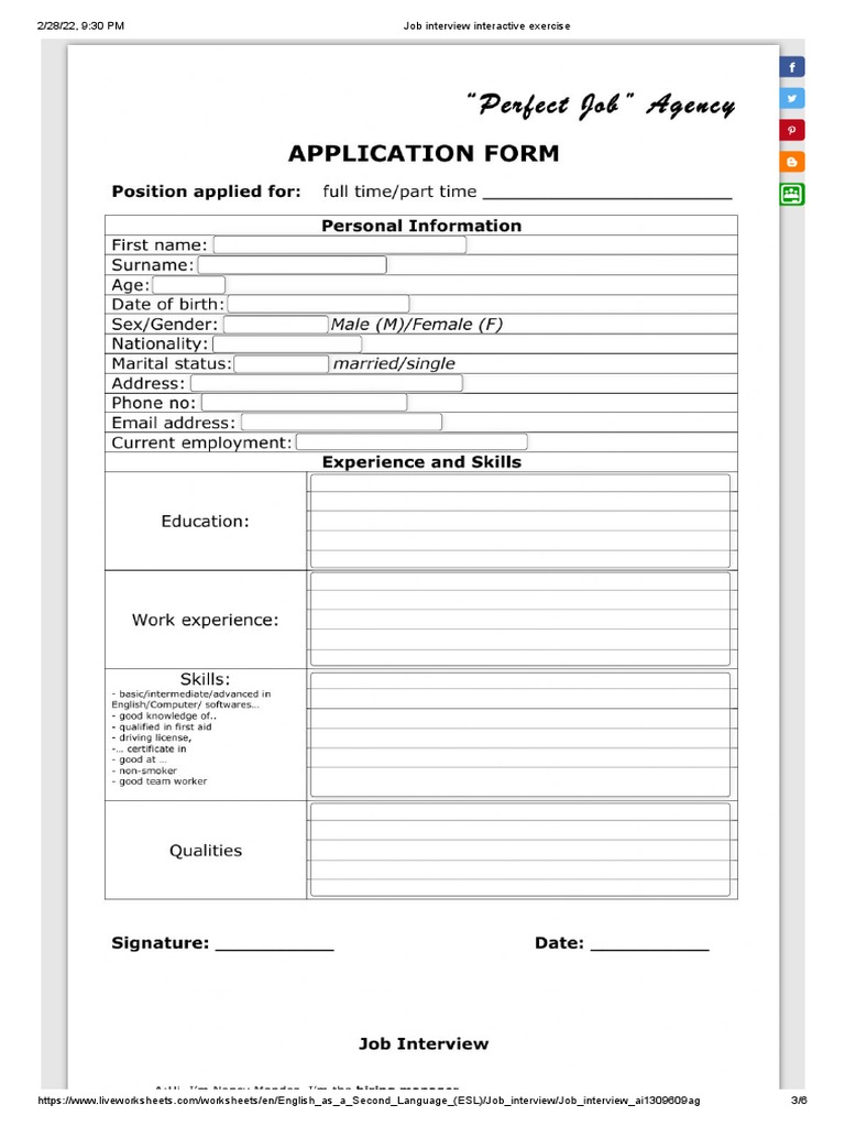 Interactive ESL Job Interview Exercise | PDF