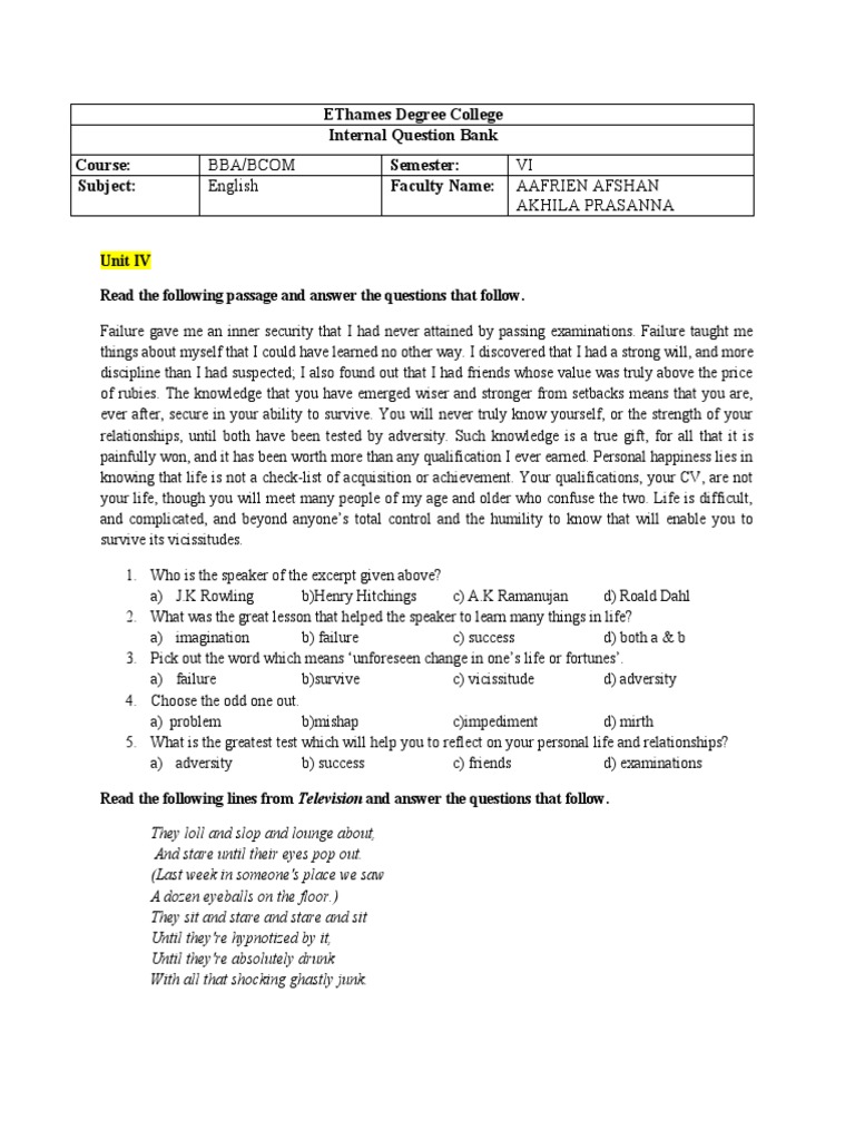English - 6th SEM INTERNAL QUESTION BANK | PDF