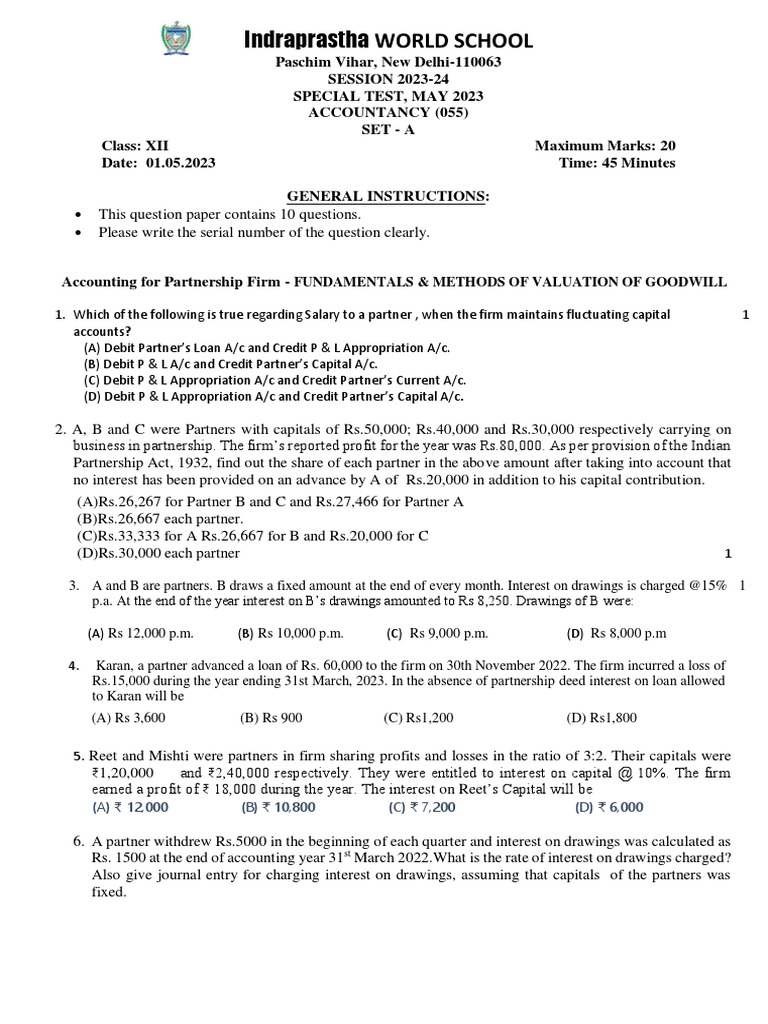 Class Test Fundamentals and Goodwill Set A 01.05.2023 1 PDF Interest Partnership