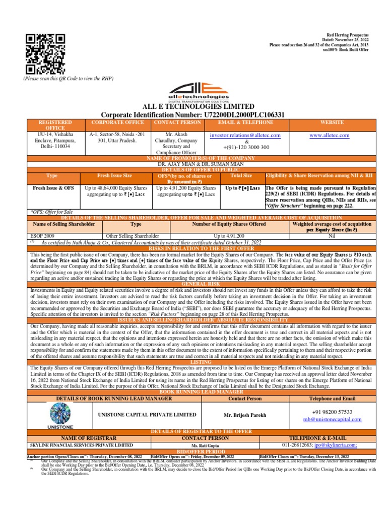 All E Technologies IPO Red Herring Prospectus | PDF | Stocks | Securities  (Finance)