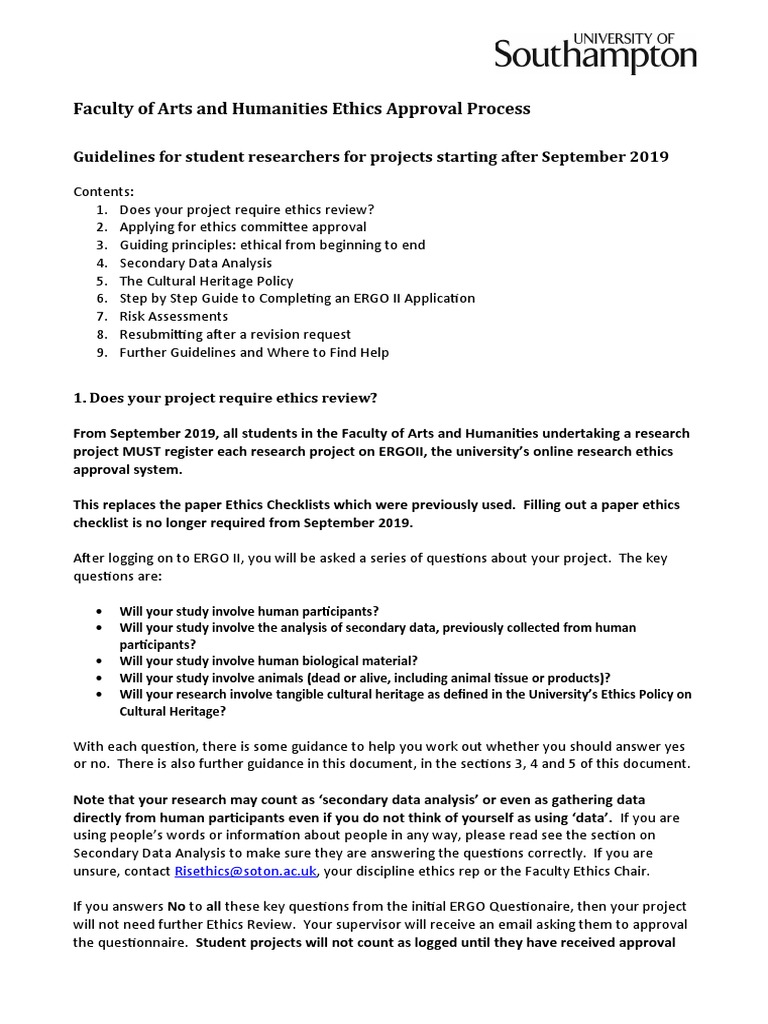 Ethics Approval Process Guidelines For Student Researchers Projects Starting After September