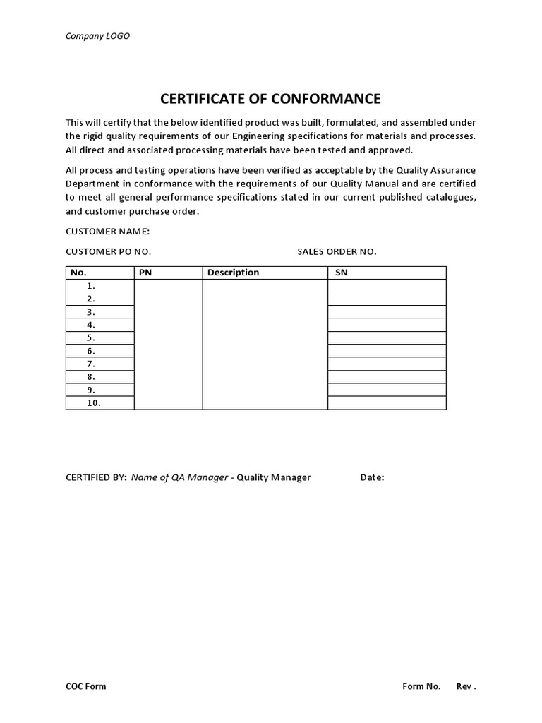 Certificate of Conformance Template | PDF | Business | Computers