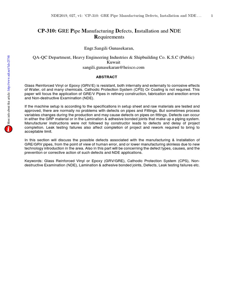 GRE Pipe Manufacturing Defects Installation and NDE Requirements PDF