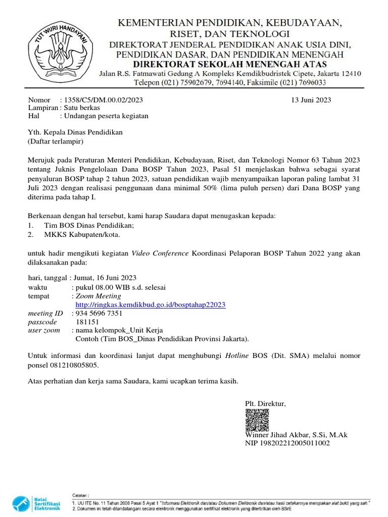 2. SURAT UNDANGAN_Zoom Meeting_Koordinasi Pelaporan BOSP Tahap 1 | PDF