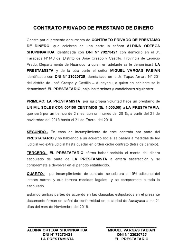 CONTRATO PRIVADO DE PRESTAMO DE DINERO ALDINA ORTEGA SHUPINGAHUA | PDF