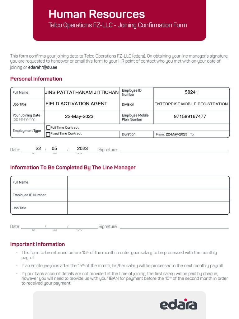 Telco Operations Joining Confirmation Form | PDF | Finance & Money ...