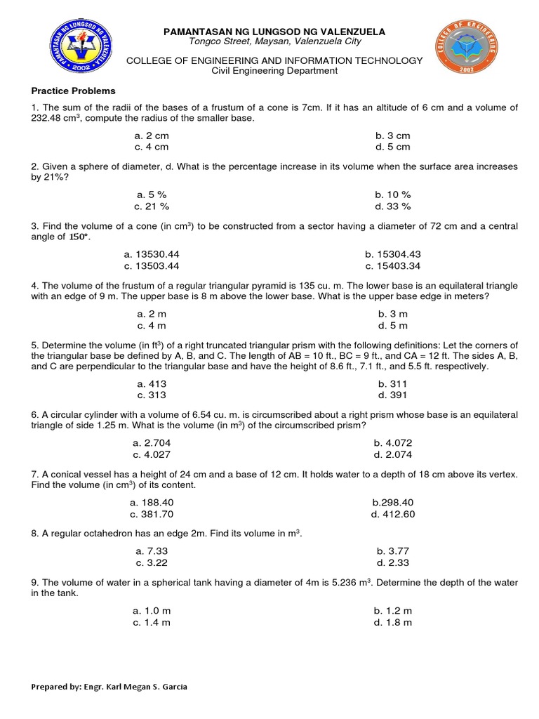Solid Mensuration Practice Problems | PDF