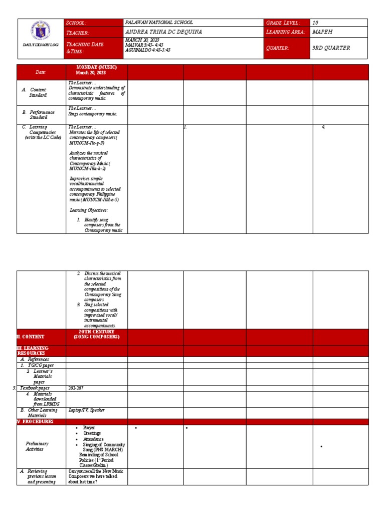 Grade 10 MAPEH Daily Lesson Plan | PDF | Composers | Learning