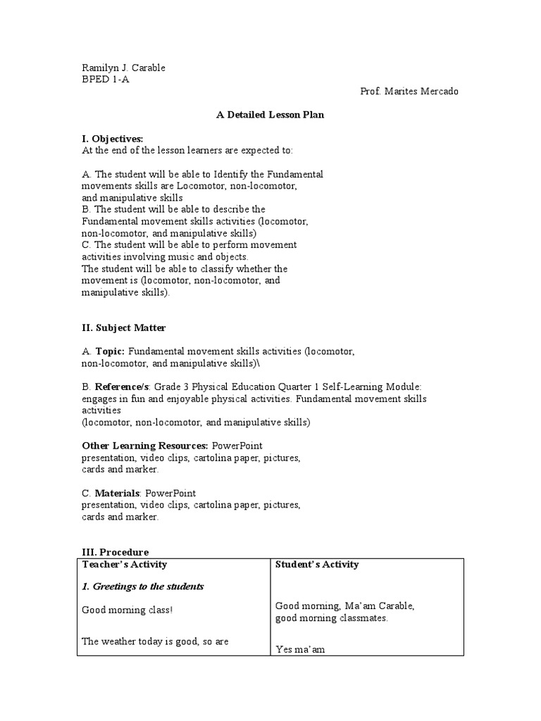 Fundamental Movement Skills Lesson Plan | PDF | Lesson Plan | Teachers