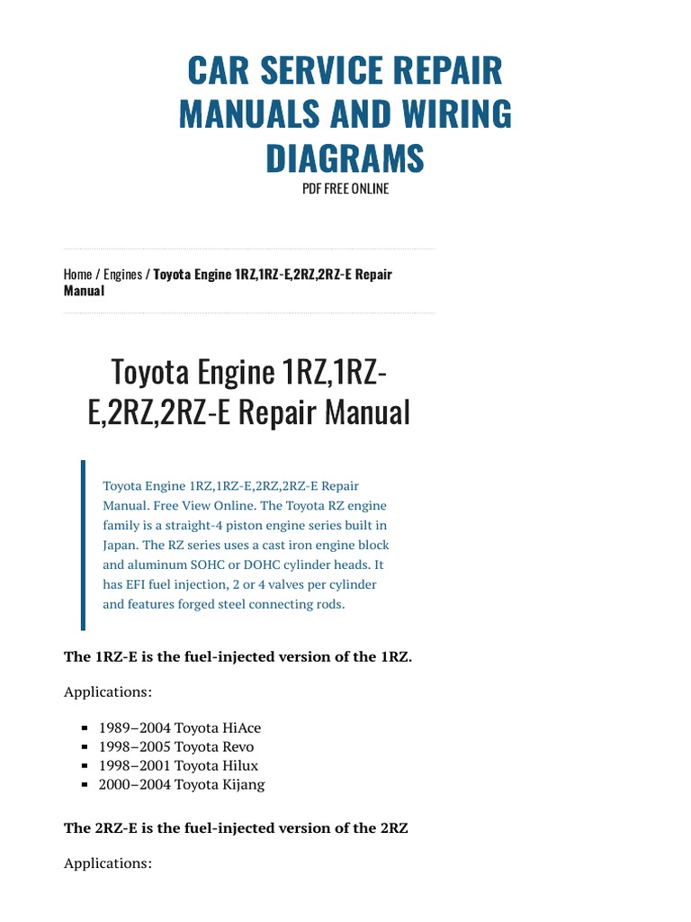 Toyota Engine 1RZ, 1RZ-E, 2RZ, 2RZ-E Repair Manual - PDF Download | PDF