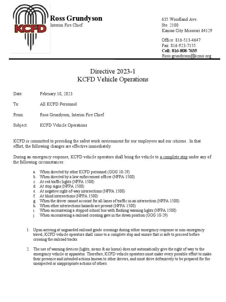 KCFD Vehicle Operations Directive 2023-1 | PDF | Traffic | Speed Limit
