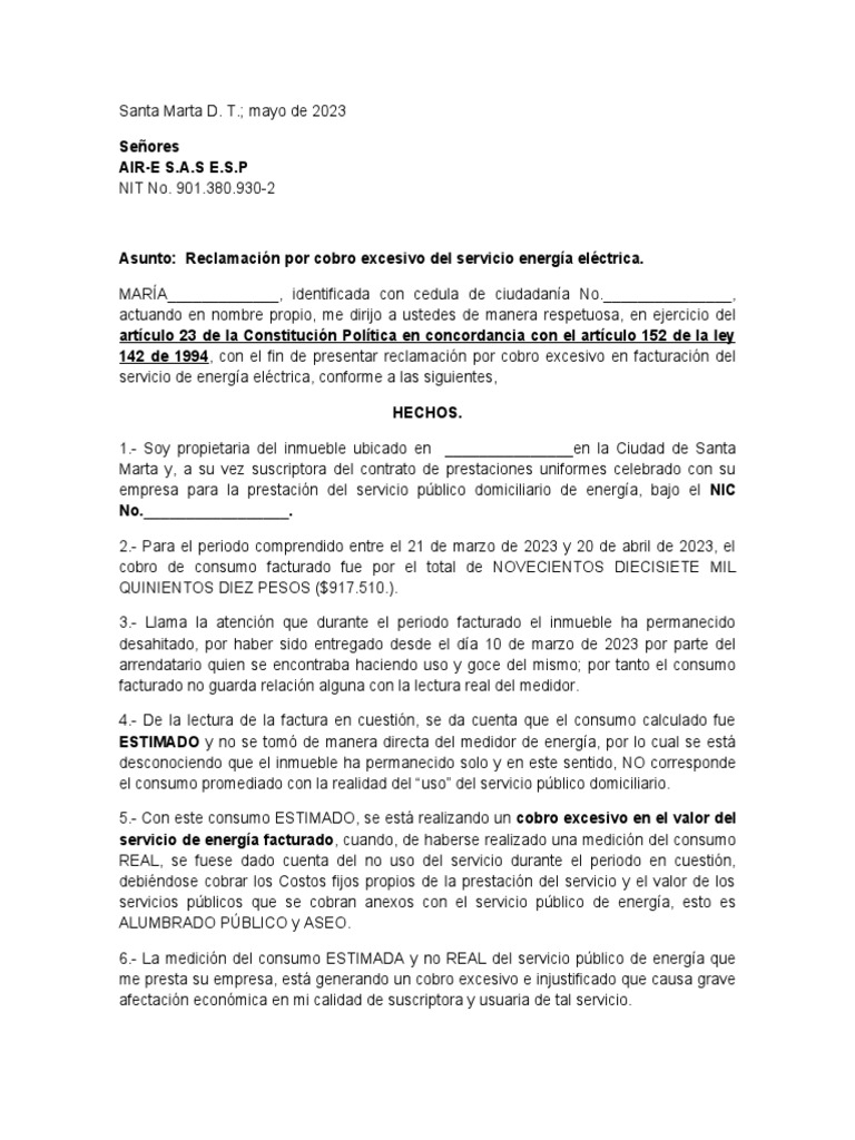 Reclamo por cobro excesivo de luz | PDF | Servicios públicos