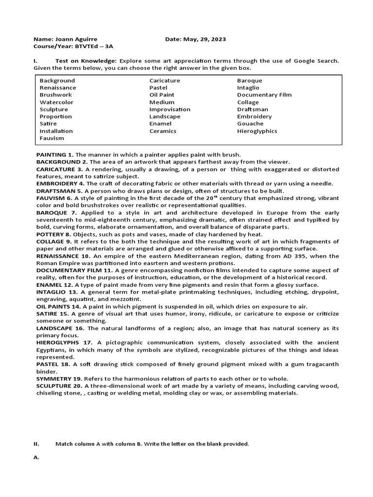 Quiz Art Appreciation (BTVTEd 3A)Aguirre PDF Paintings Printmaking