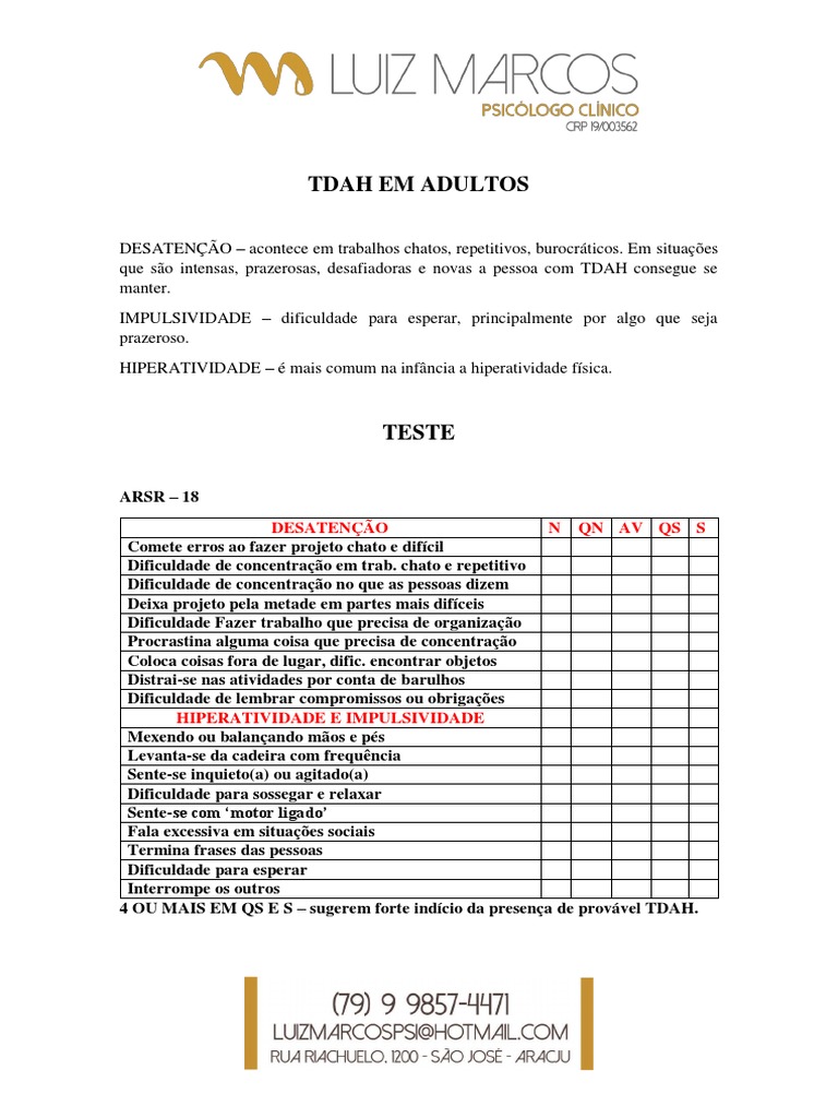 Teste Tdah em Adultos | PDF