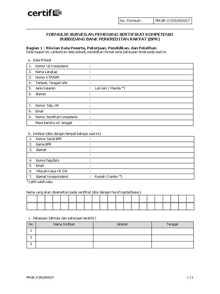 Formulir Kompetensi BPR dan Data Peserta | PDF