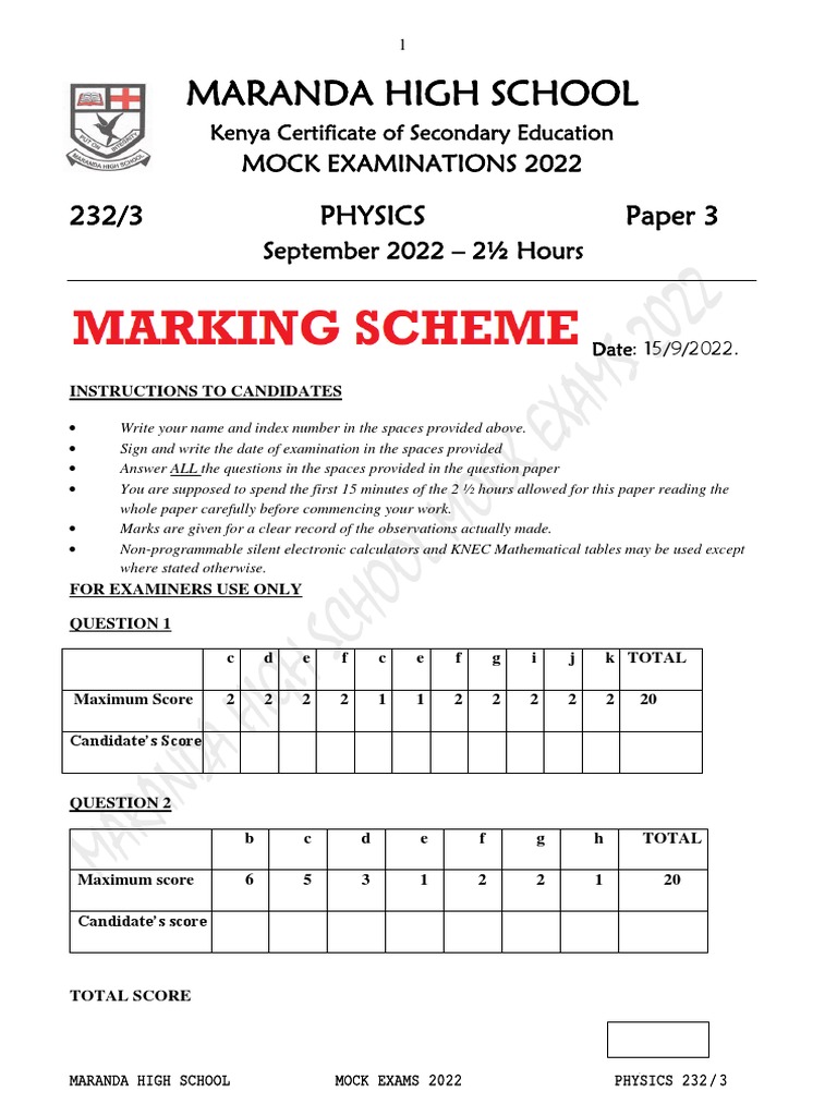 Maranda High School Physics Mock Paper 3 2022 Scheme | PDF
