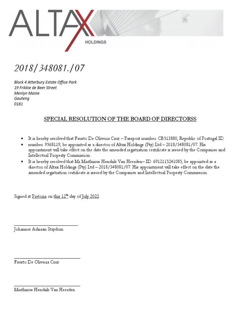 Board Resolution for Altax Holdings Directors | PDF | Finance & Money ...