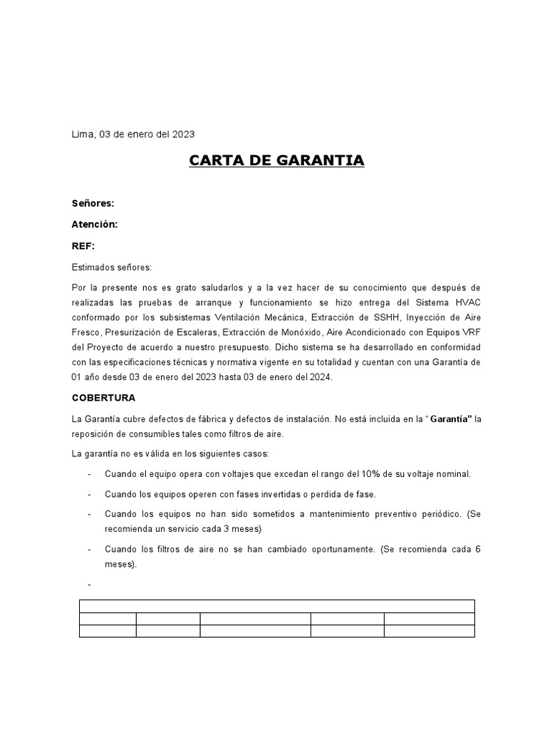 Carta de Garantía para Sistema HVAC | PDF