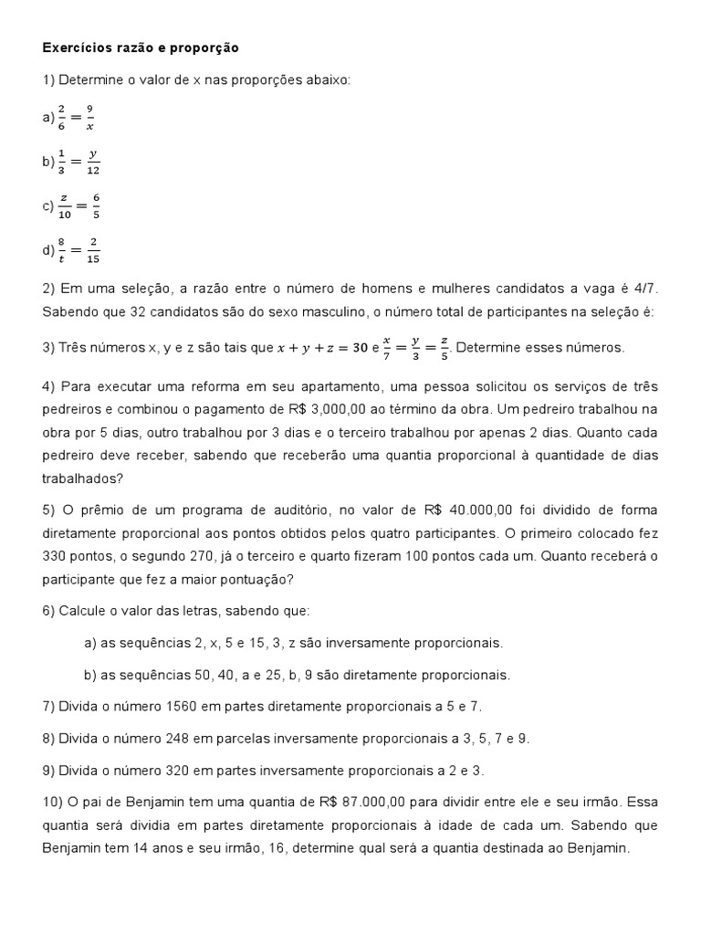Exercícios Razão e Proporção | PDF