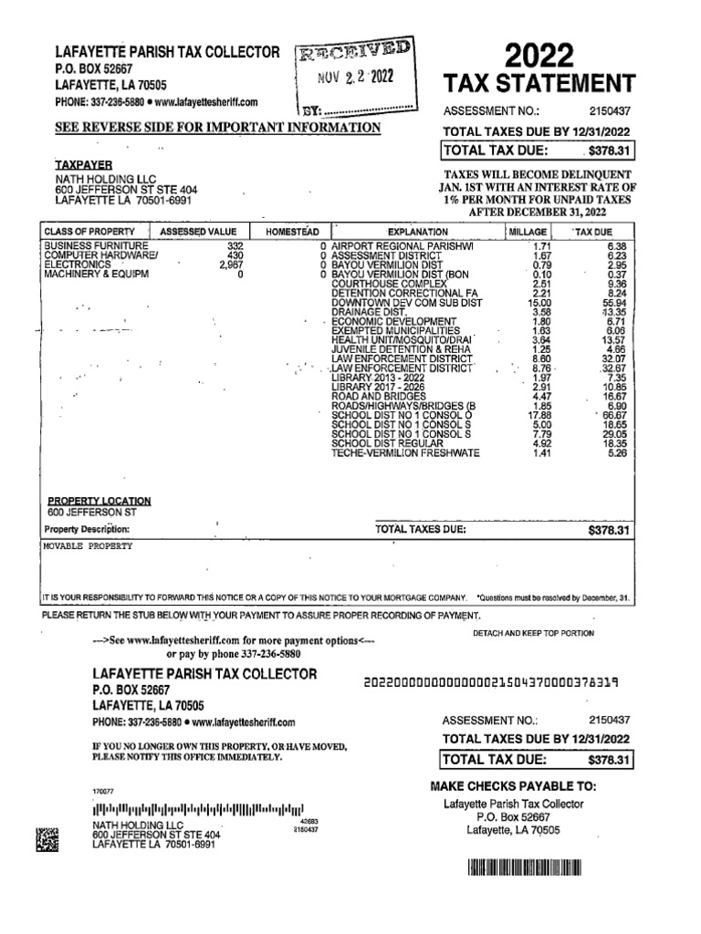 NH 2022 Lafayette Parish Tax Statement PDF