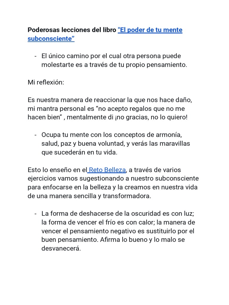 Poderosas Lecciones Del Libro El Poder de Tu Mente Subconsciente | PDF ...