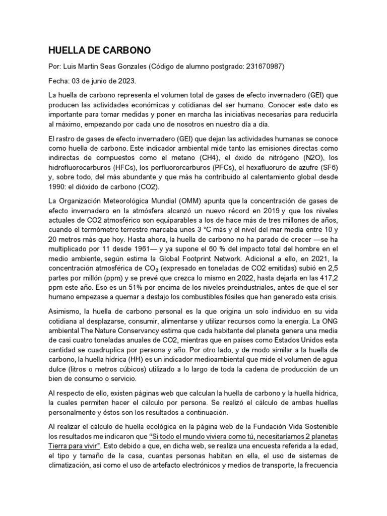 Huella de Carbono y Consumo Personal | PDF | Gases de efecto ...