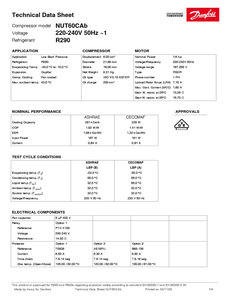NUT60CA Compressor Technical Specifications | PDF | Manufactured Goods ...