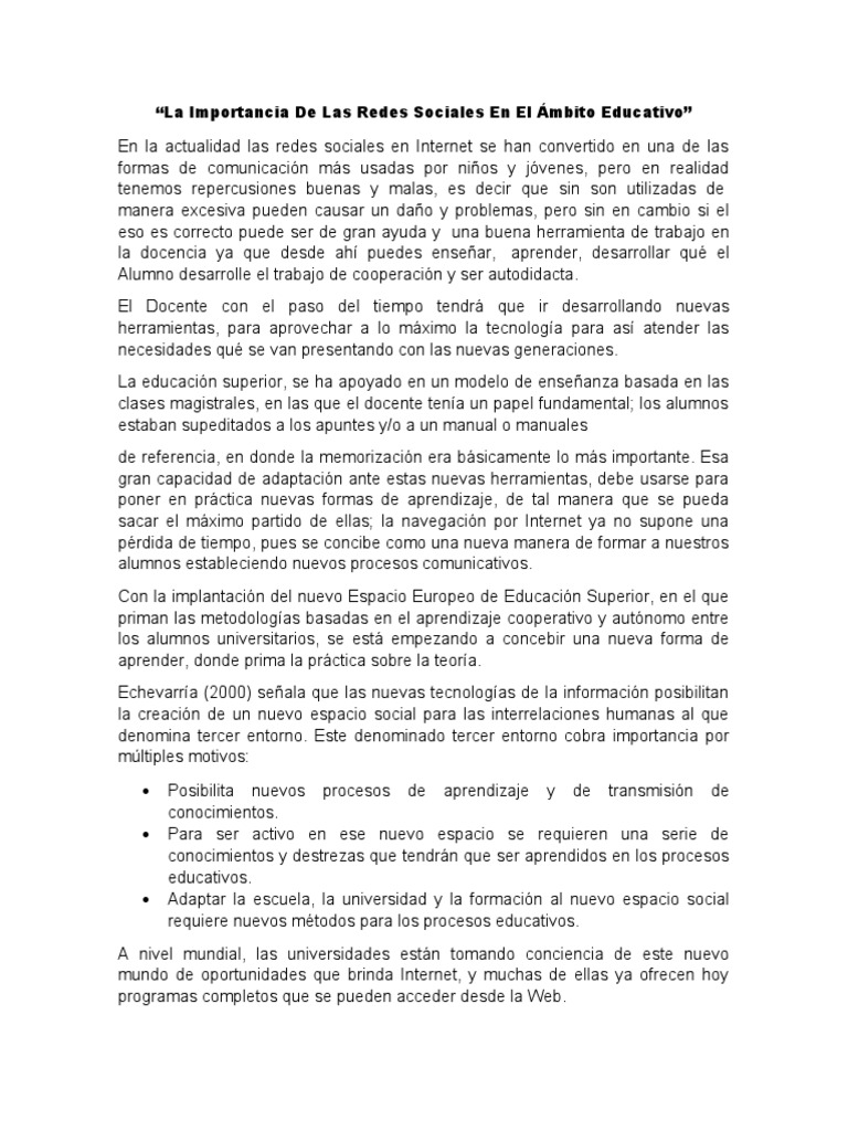 Redes Sociales en la Educación Actual | PDF | Servicio de redes ...