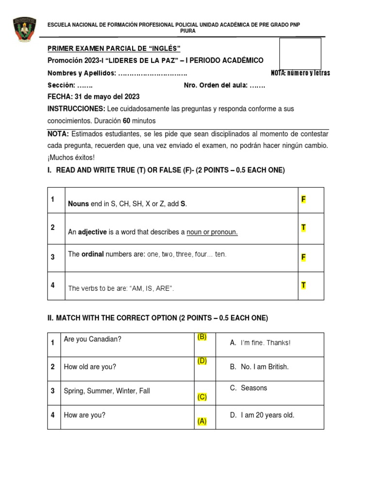 Examen Parcial de Inglés PNP 2023-I | PDF