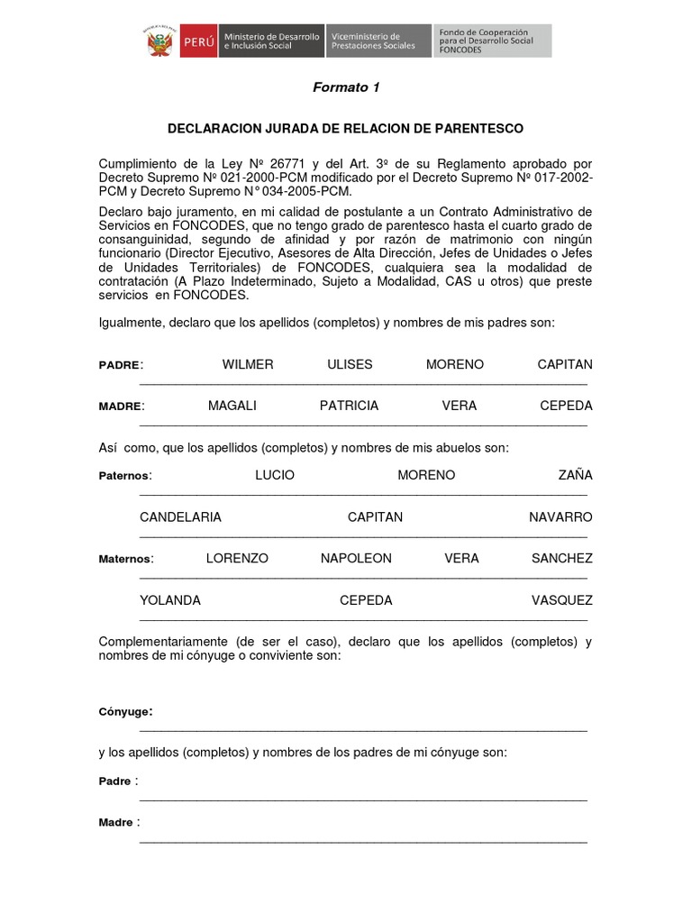 Declaracion Jurada Foncodes | PDF | Parentesco | Privacidad de la ...