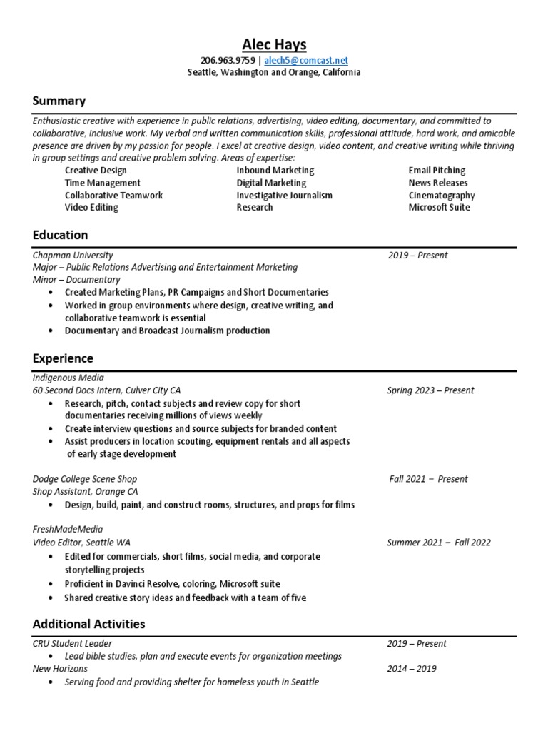 Resume Alec Hays PDF Public Relations Entertainment