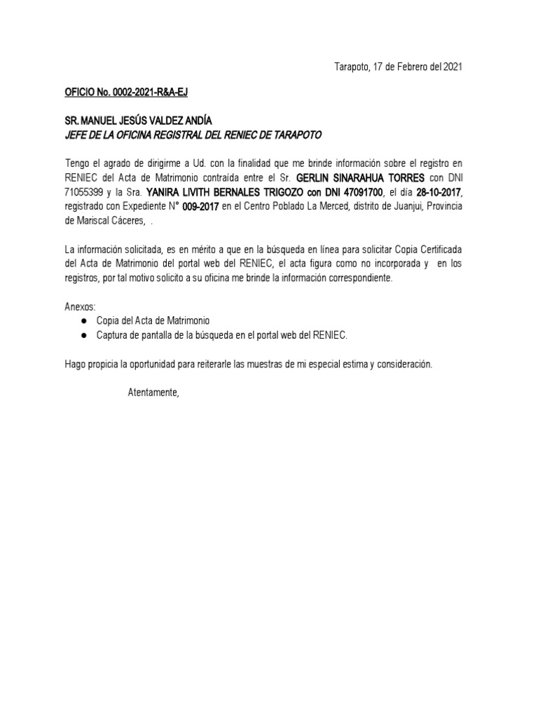OFICIO Al RENIEC | PDF | Finanzas y dinero