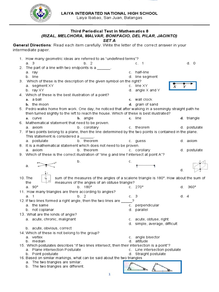 Math 8 Periodical Test on Triangles | PDF | Triangle | Perpendicular