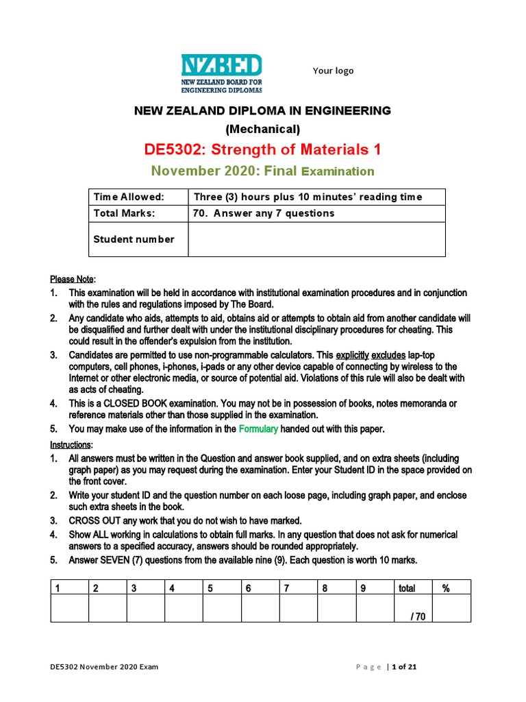 Strength of Materials Final Exam 2020 | PDF | Beam (Structure) | Bending