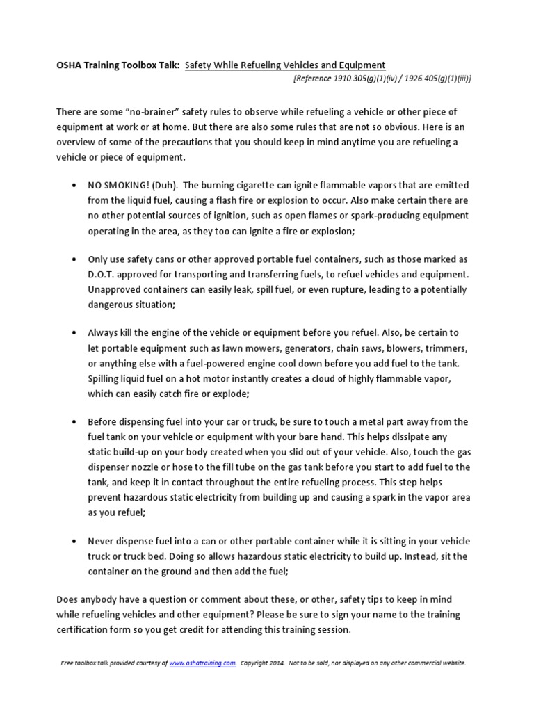 OSHA Training Toolbox Talk - Preventing Fires While Refueling Vehicles ...
