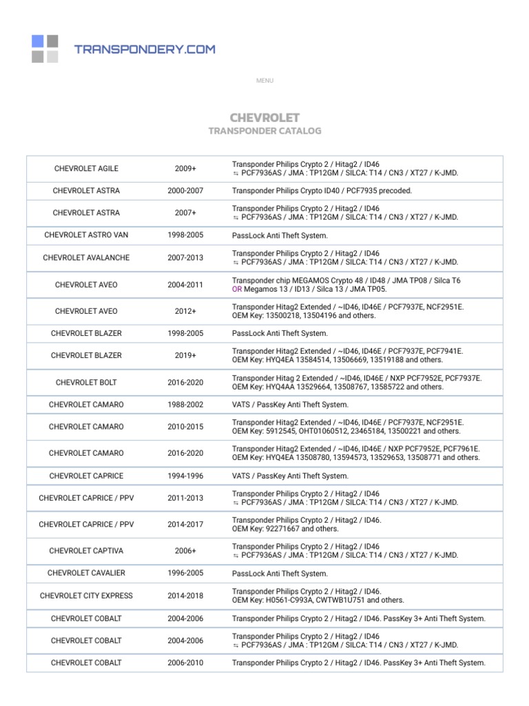 CHEVROLET Transponder Catalog | PDF