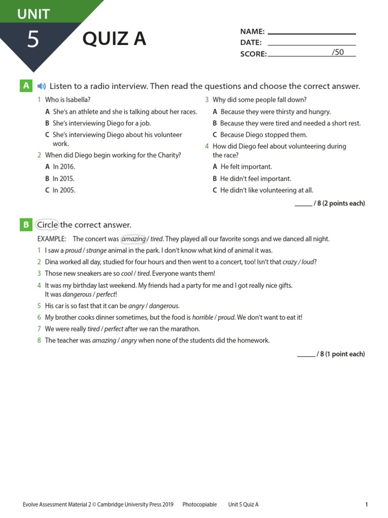 Evolve - L2 - Unit 5 Quiz - A | PDF