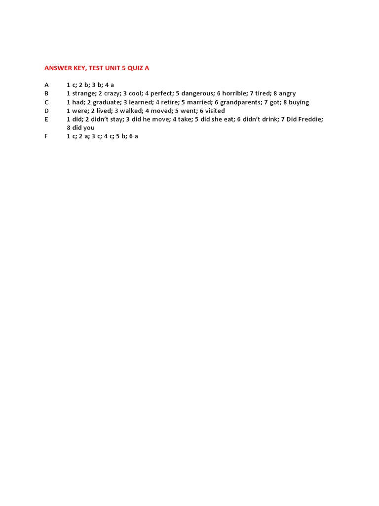 Unit 5 Quiz A Answer Key | PDF