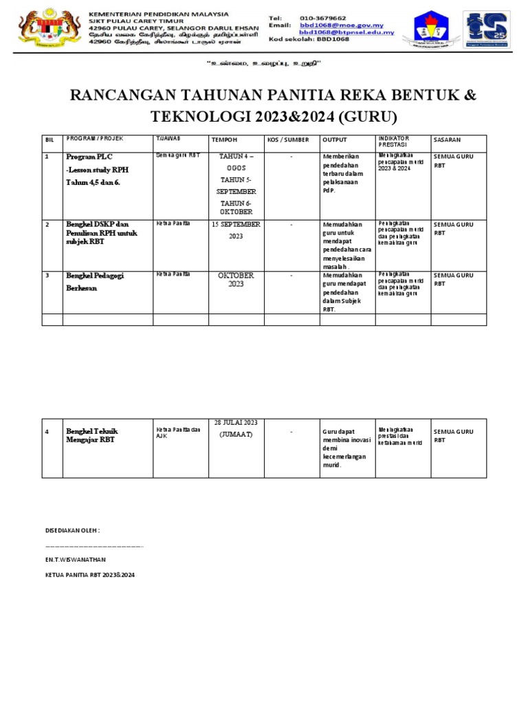 Rancangan Tahunan Panitia RBT 2023-2024 | PDF