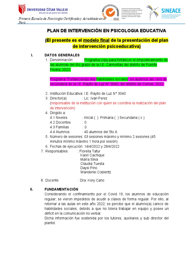 MODELO PLAN DE INTERVENCIÓN OFICIAL - Editado | PDF