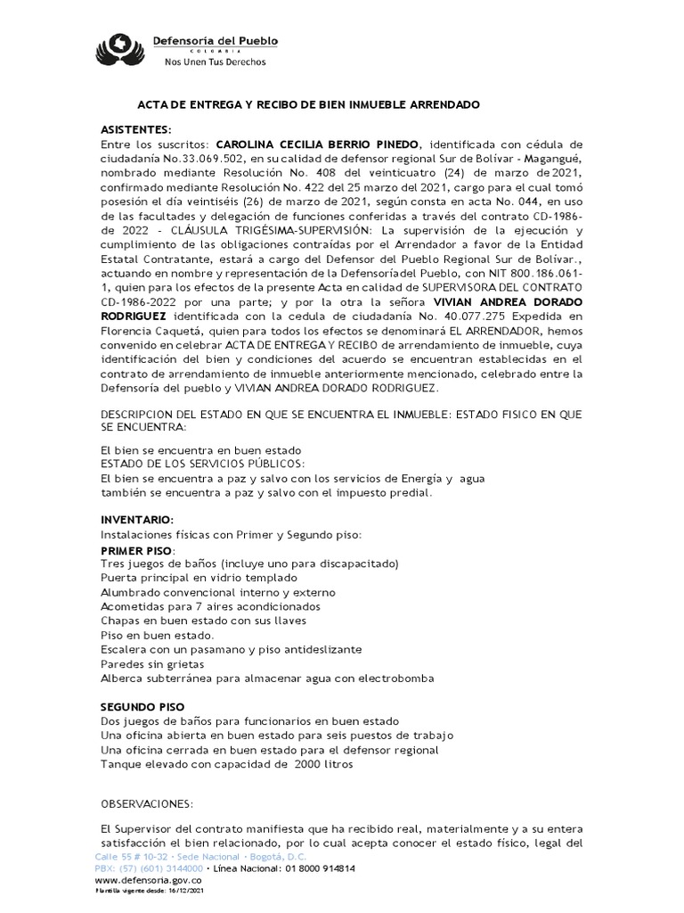 Acta de Entrega de Inmueble Arrendado | PDF | Derecho