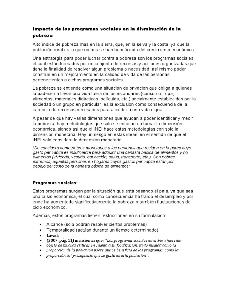 Impacto de Los Programas Sociales en La Disminución de La Pobreza | PDF ...
