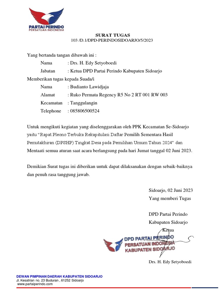 Surat Tugas DPD Partai Perindo Sidoarjo | PDF
