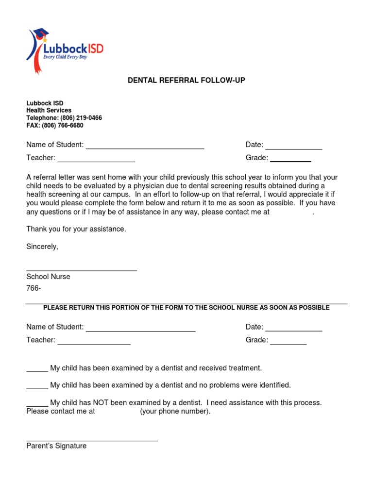 Mass Screening FollowUp Dental Referral Letter PDF