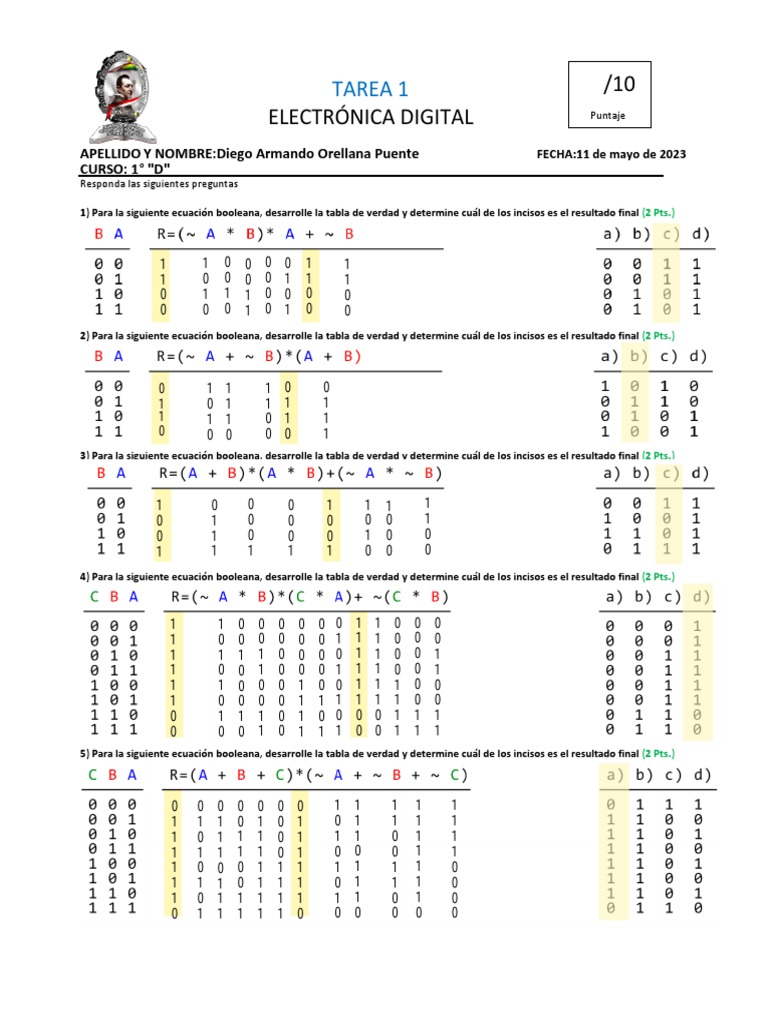 Tarea 1 Tablas de Verdad PDF Álgebra de Boole Enseñanza de