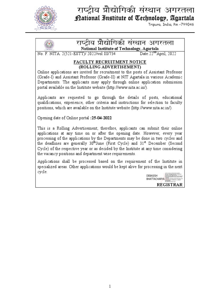 NATIONAL INSTITUTE OF TECHNOLOGY AGARTALA FACULTY RECRUITMENT intelligence overview