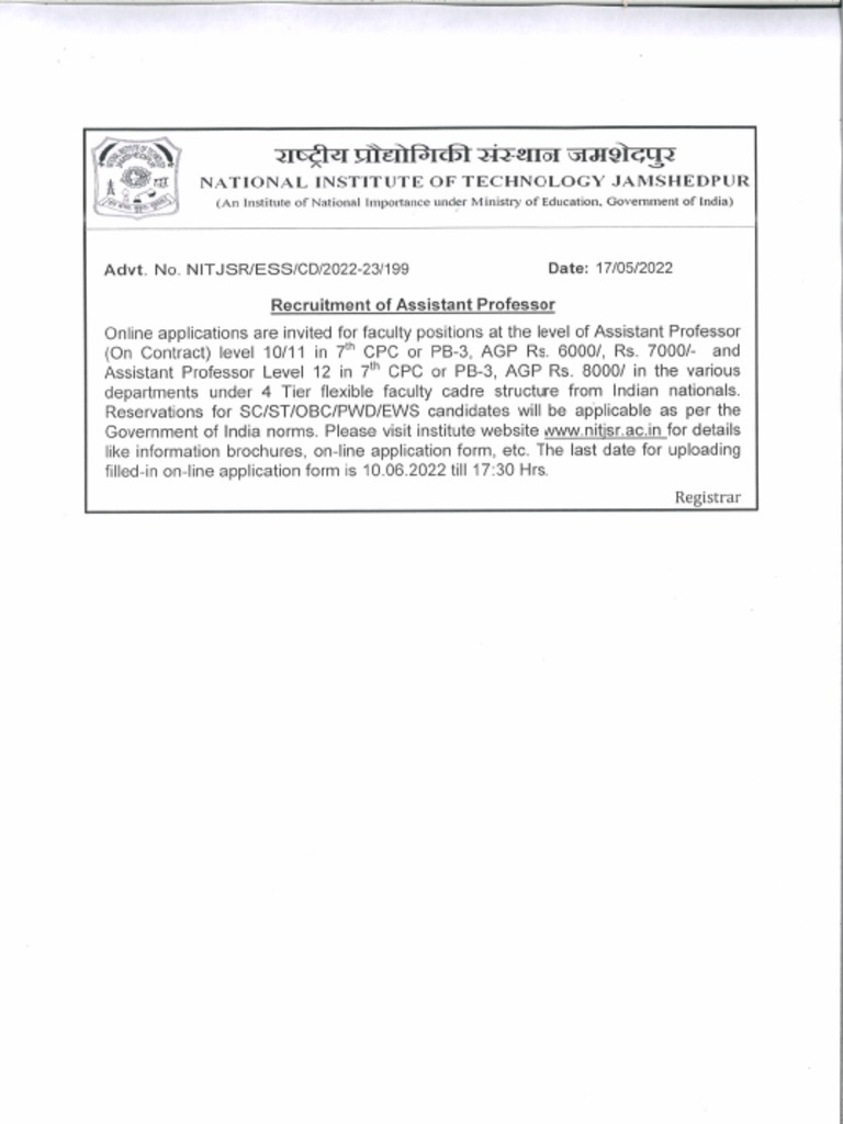 NIT Jamshedpur Recruitment PDF Engineering Physics